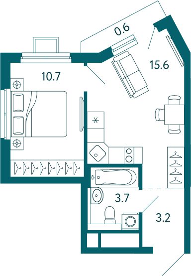 1-к, 33.8 м² · Дом у моря