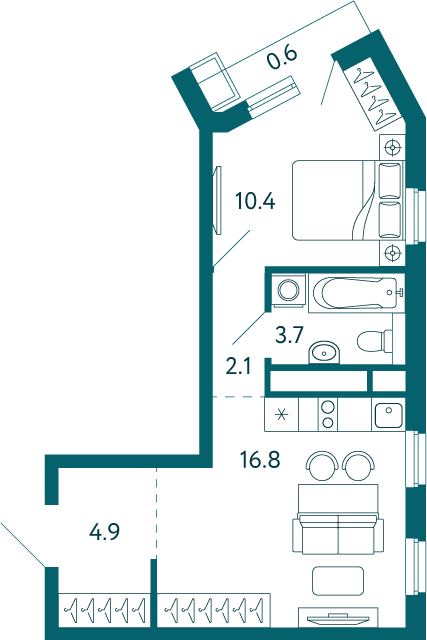 1-к, 38.5 м² · Дом у моря