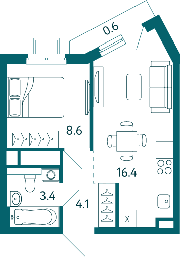 1-к, 33.1 м² · Дом у моря